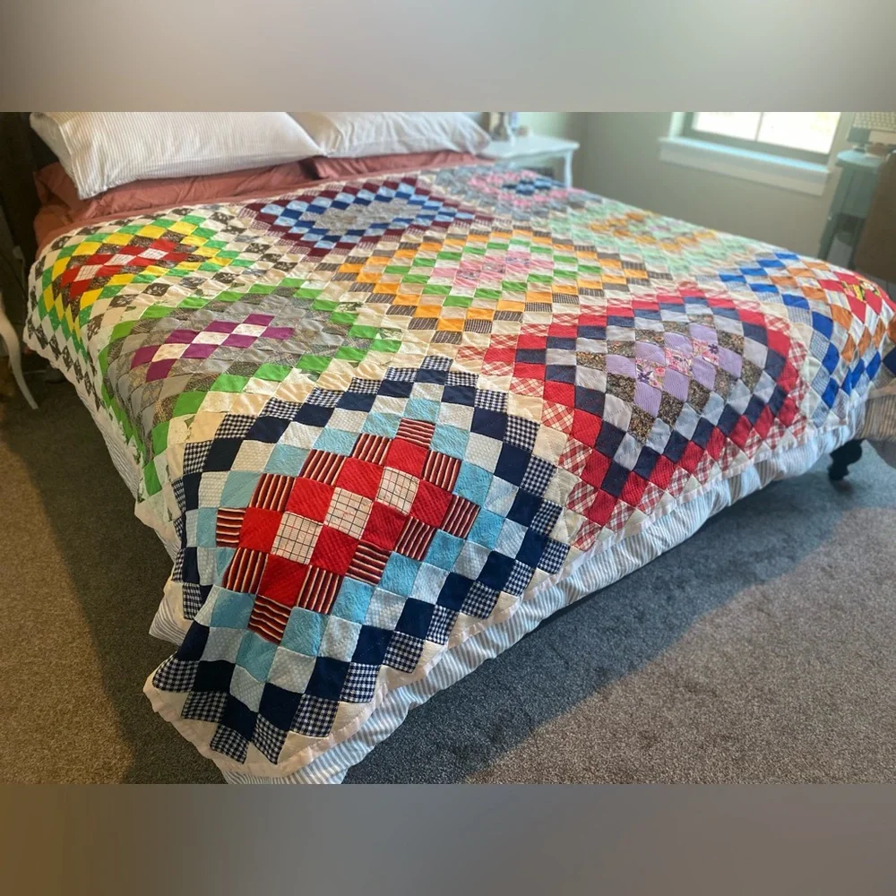Handmade Multicolor Patchwork Quilt - Vibrant Checkerboard Bedding 99”/74”